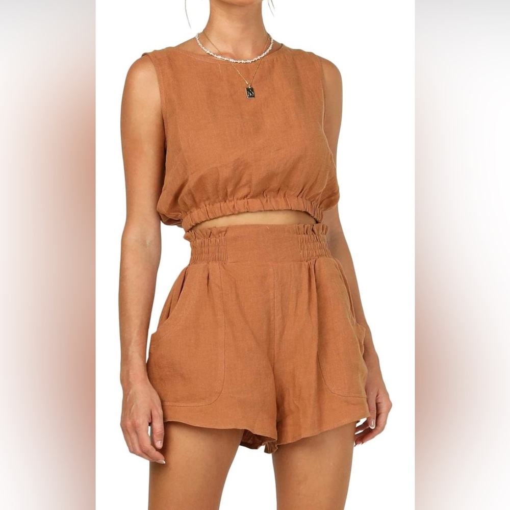 Rust Sleeveless Crop Top and High-Waisted Shorts Set